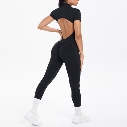 Sexy Backless Bodycon Scrunch Jumpsuit Raises Butt Women Dance Fitness Overalls Push Up  With Chest Cushion Yoga Sport Jump Suit