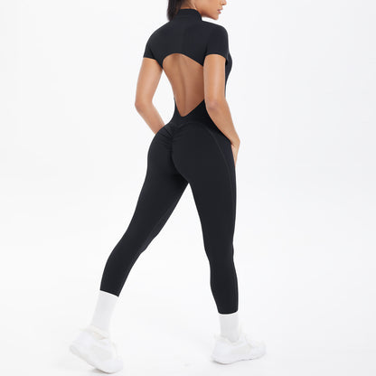 Sexy Backless Bodycon Scrunch Jumpsuit Raises Butt Women Dance Fitness Overalls Push Up  With Chest Cushion Yoga Sport Jump Suit