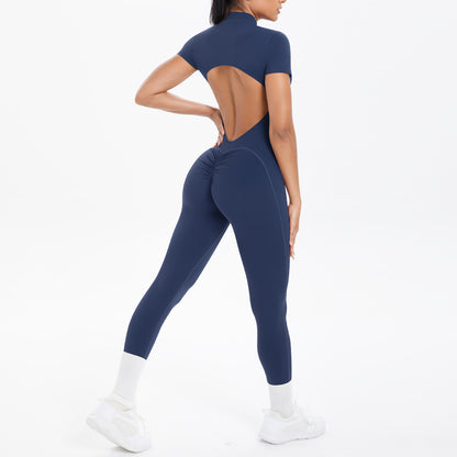 Sexy Backless Bodycon Scrunch Jumpsuit Raises Butt Women Dance Fitness Overalls Push Up  With Chest Cushion Yoga Sport Jump Suit