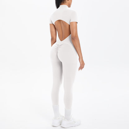 Sexy Backless Bodycon Scrunch Jumpsuit Raises Butt Women Dance Fitness Overalls Push Up  With Chest Cushion Yoga Sport Jump Suit