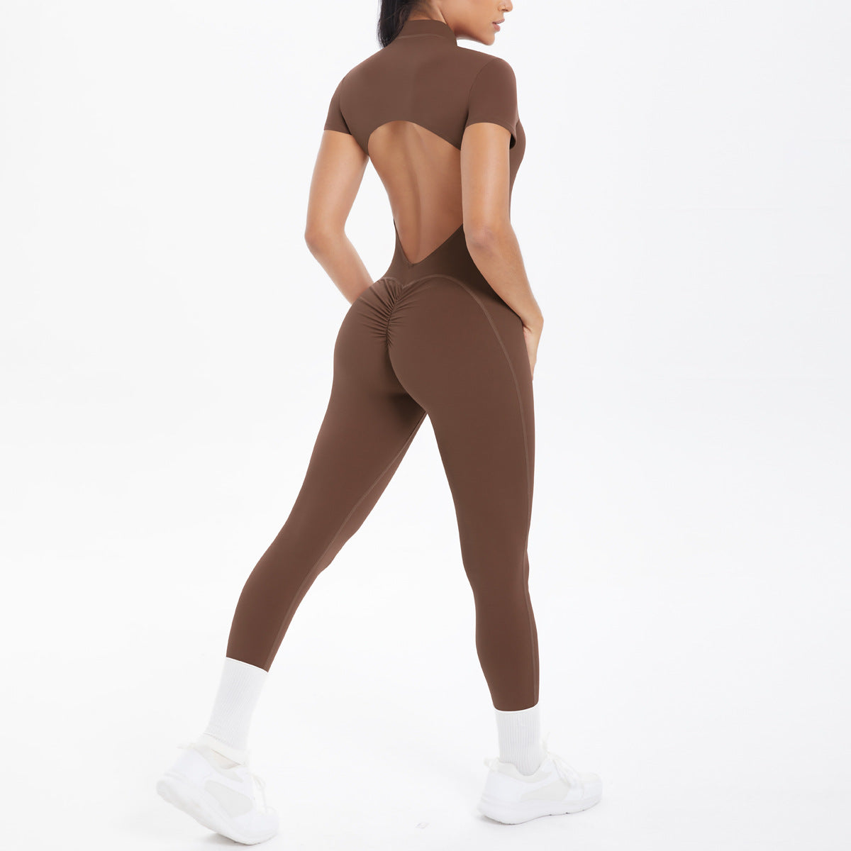 Sexy Backless Bodycon Scrunch Jumpsuit Raises Butt Women Dance Fitness Overalls Push Up  With Chest Cushion Yoga Sport Jump Suit