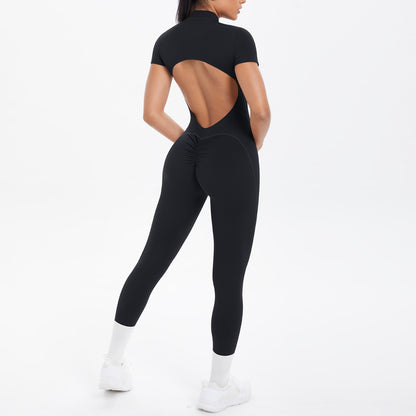 Sexy Backless Bodycon Scrunch Jumpsuit Raises Butt Women Dance Fitness Overalls Push Up  With Chest Cushion Yoga Sport Jump Suit