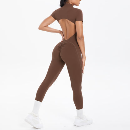 Sexy Backless Bodycon Scrunch Jumpsuit Raises Butt Women Dance Fitness Overalls Push Up  With Chest Cushion Yoga Sport Jump Suit